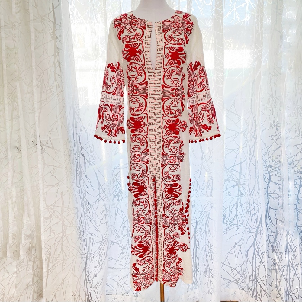 MISA WHITE RED EMBROIDERED SEVA CALIA POM POM TRIM TUNIC MAXI DRESS - Picture 1 of 11
